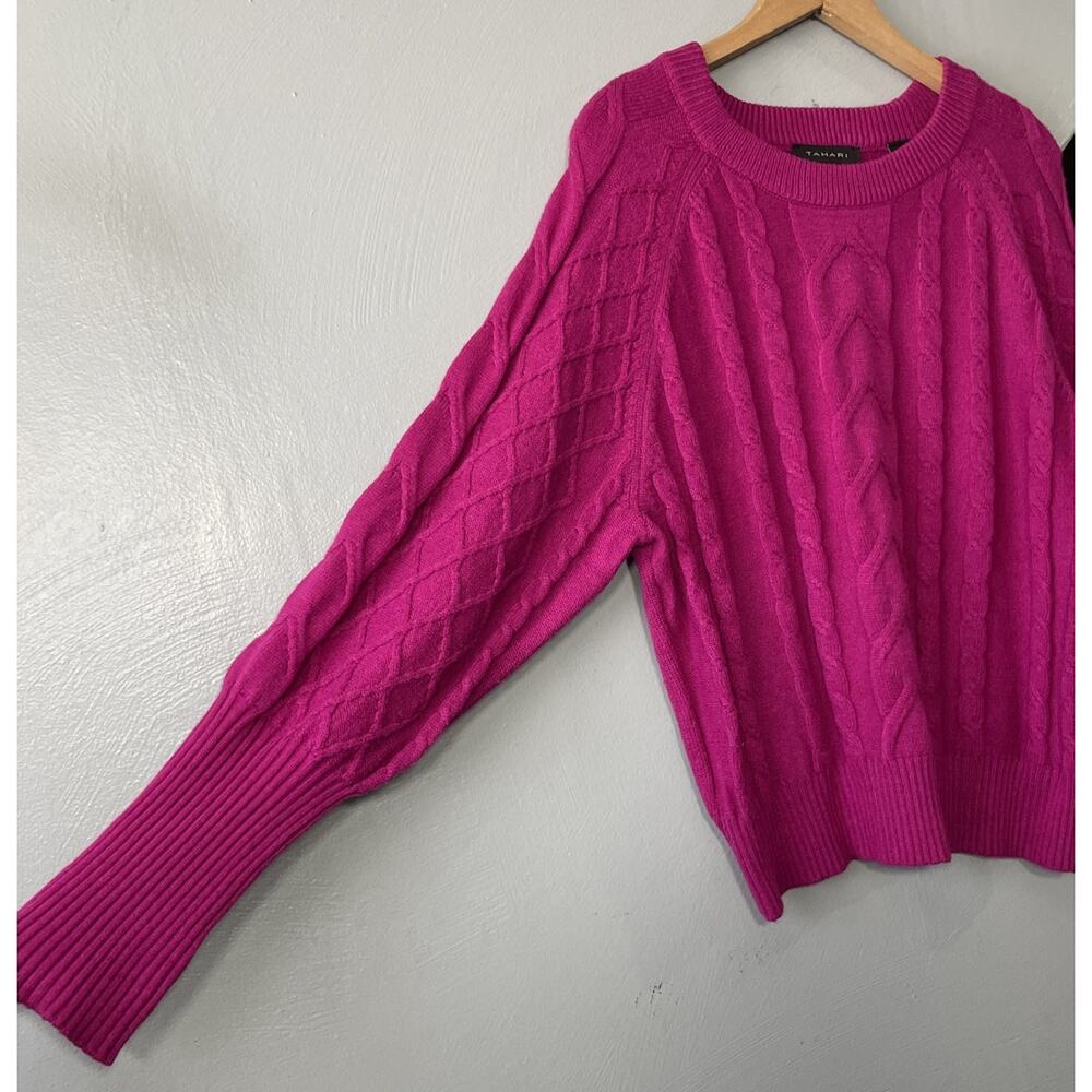 Tahari Sweater Size Large Cable Knit Fuchsia Pink Raglan Sleeve Fisherman Chic - Picture 2 of 10